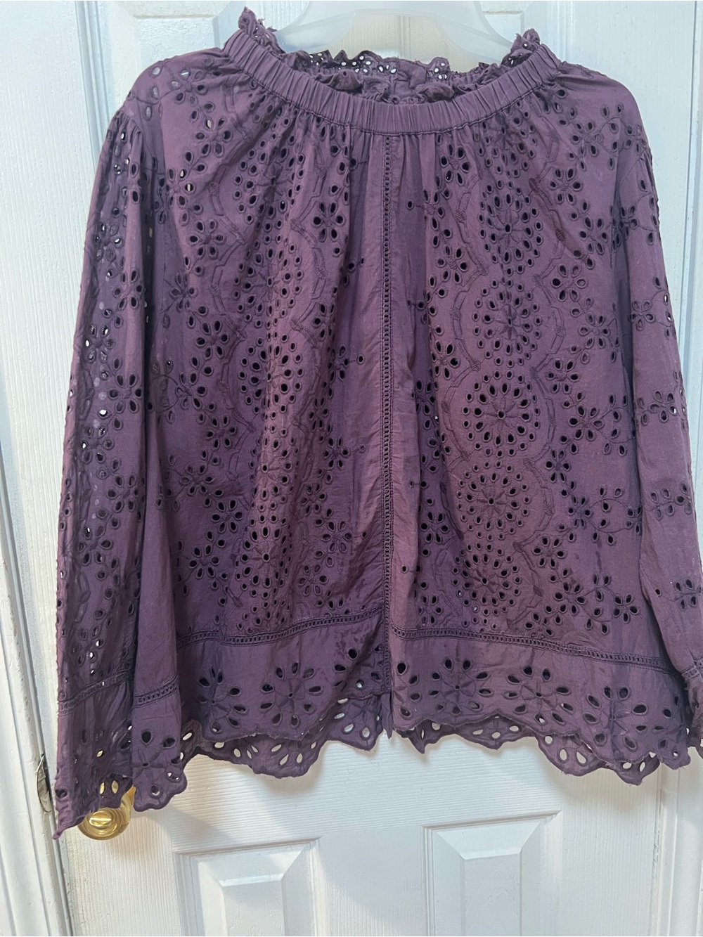 Women’s Plum Eyelet Peasant Blouse with Scalloped Hem